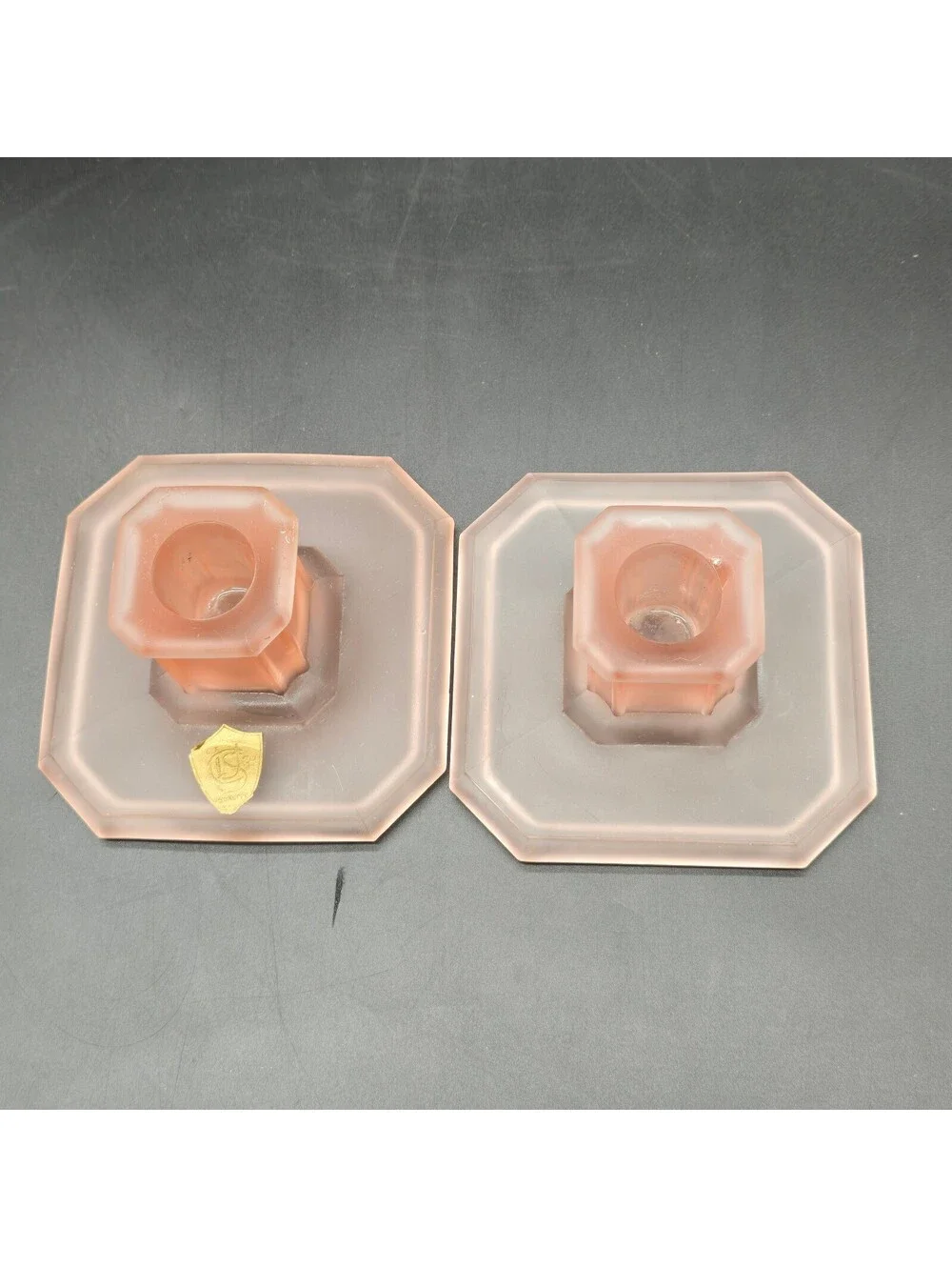 Vintage Tiffin Pink Satin Frosted Candlestick Holders Pair WITH ORIGINAL LABEL